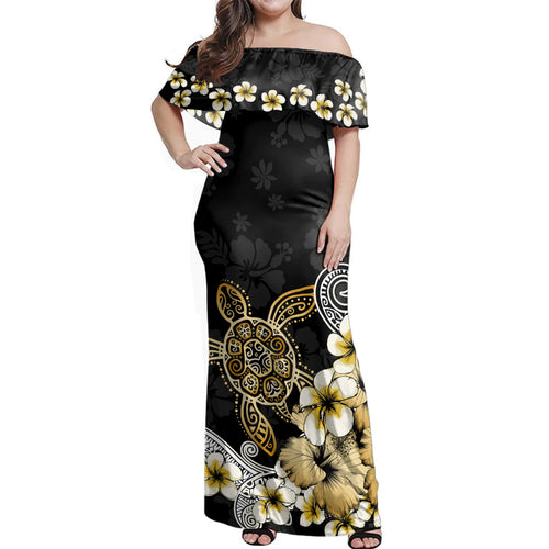 Hawaii Woman Off Shoulder Long Dress Turtle Gold Tropical