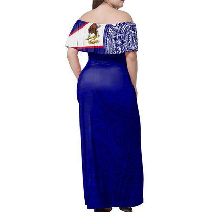 American Samoa Woman Off Shoulder Long Dress Polynesian Flag With Coat Of Arms