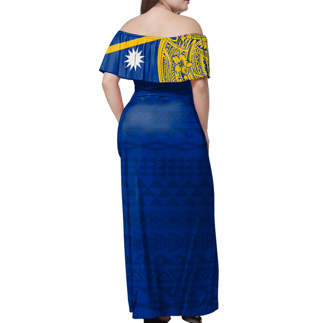 Nauru Woman Off Shoulder Long Dress Polynesian Flag With Coat Of Arms