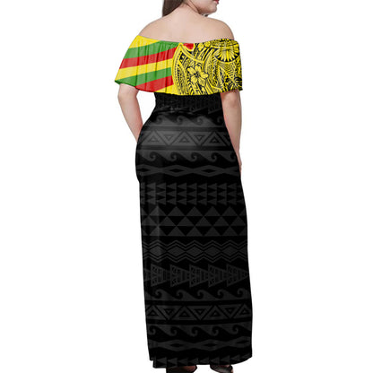 Hawaii Woman Off Shoulder Long Dress Kanaka Polynesian Flag With Coat Of Arms