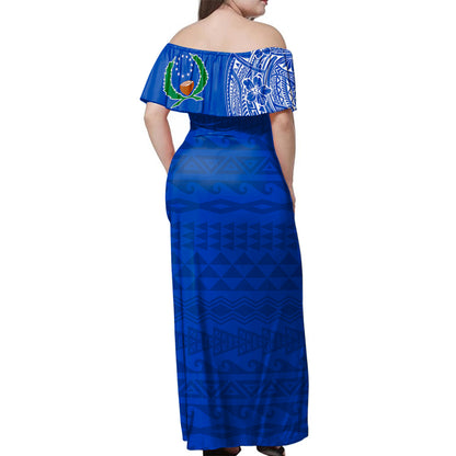 Pohnpei Woman Off Shoulder Long Dress Polynesian Flag With Coat Of Arms