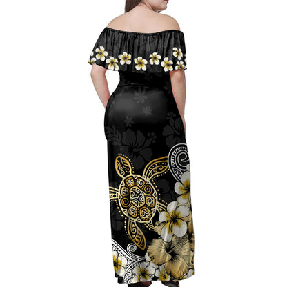 Hawaii Woman Off Shoulder Long Dress Turtle Gold Tropical