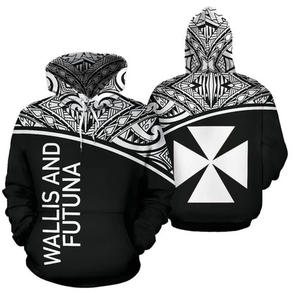 Wallis And Futuna All Over Hoodie - Polynesian Curve Black Style