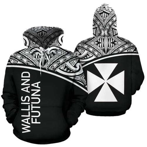 Wallis And Futuna All Over Hoodie - Polynesian Curve Black Style