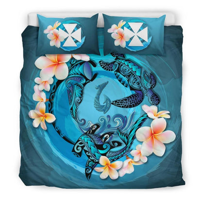 Polynesian Duvet Cover Set - Wallis And Futuna Bedding Set Blue Plumeria Animal Tattoo