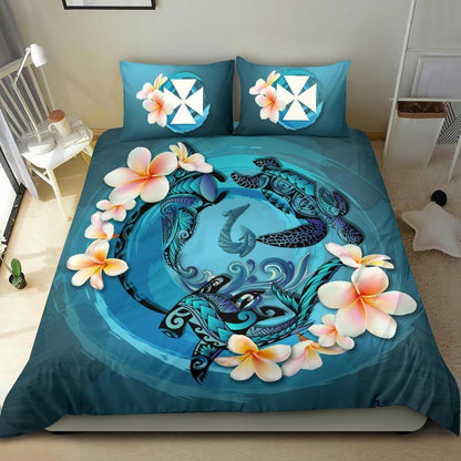 Polynesian Duvet Cover Set - Wallis And Futuna Bedding Set Blue Plumeria Animal Tattoo