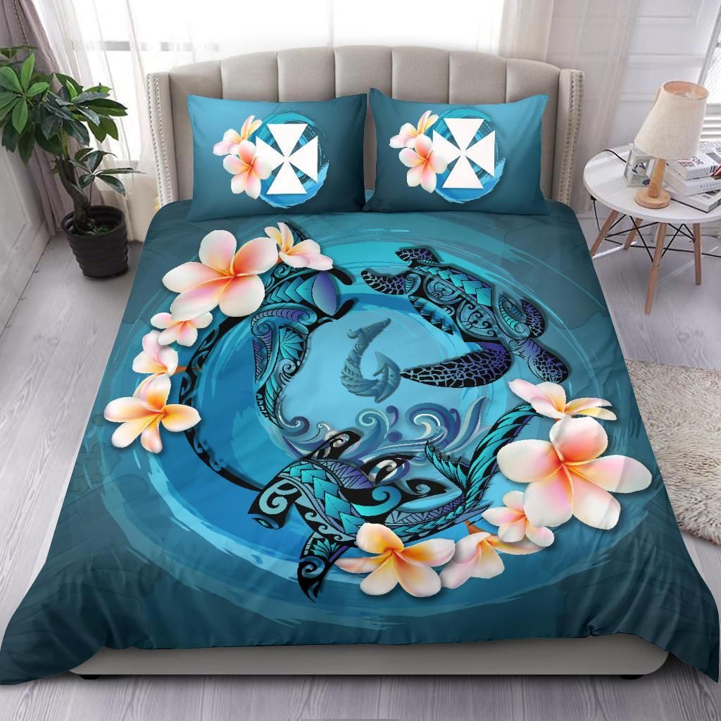 Polynesian Duvet Cover Set - Wallis And Futuna Bedding Set Blue Plumeria Animal Tattoo