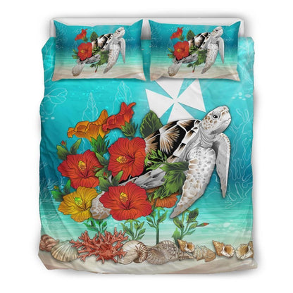 Polynesian Duvet Cover Set - Wallis And Futuna Bedding Set Ocean Turtle Hibiscus