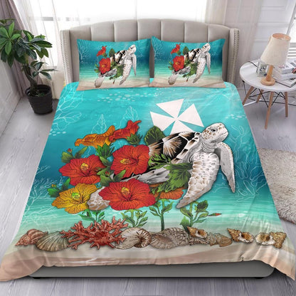 Polynesian Duvet Cover Set - Wallis And Futuna Bedding Set Ocean Turtle Hibiscus