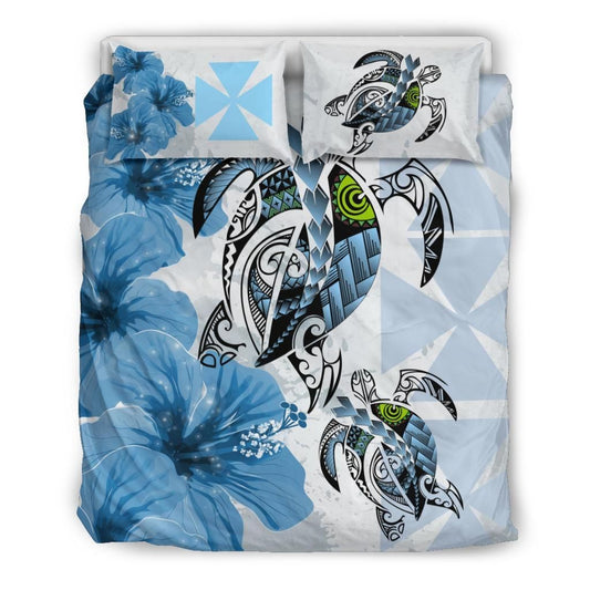 Polynesian Duvet Cover Set - Wallis And Futuna Bedding Set Polynesia Turtle Hibiscus Blue