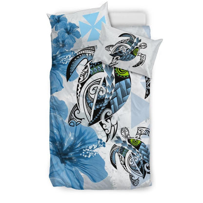 Polynesian Duvet Cover Set - Wallis And Futuna Bedding Set Polynesia Turtle Hibiscus Blue