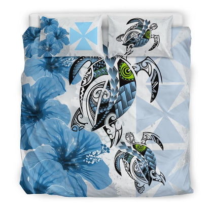 Polynesian Duvet Cover Set - Wallis And Futuna Bedding Set Polynesia Turtle Hibiscus Blue
