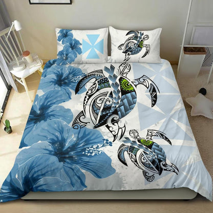 Polynesian Duvet Cover Set - Wallis And Futuna Bedding Set Polynesia Turtle Hibiscus Blue
