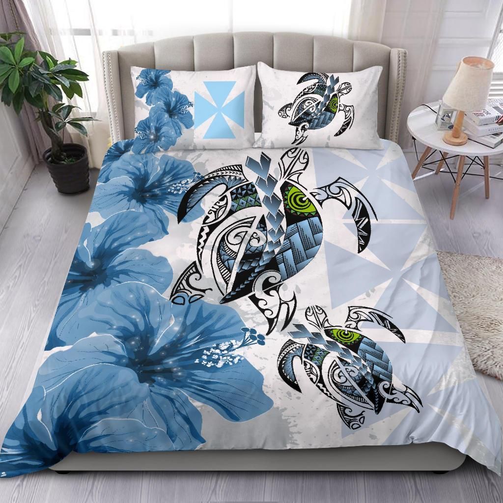Polynesian Duvet Cover Set - Wallis And Futuna Bedding Set Polynesia Turtle Hibiscus Blue