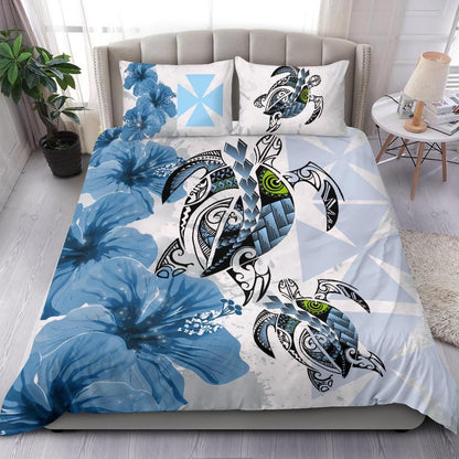 Polynesian Duvet Cover Set - Wallis And Futuna Bedding Set Polynesia Turtle Hibiscus Blue