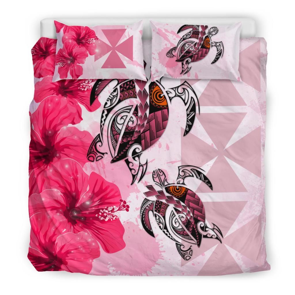 Polynesian Duvet Cover Set - Wallis And Futuna Bedding Set Polynesia Turtle Hibiscus Pink