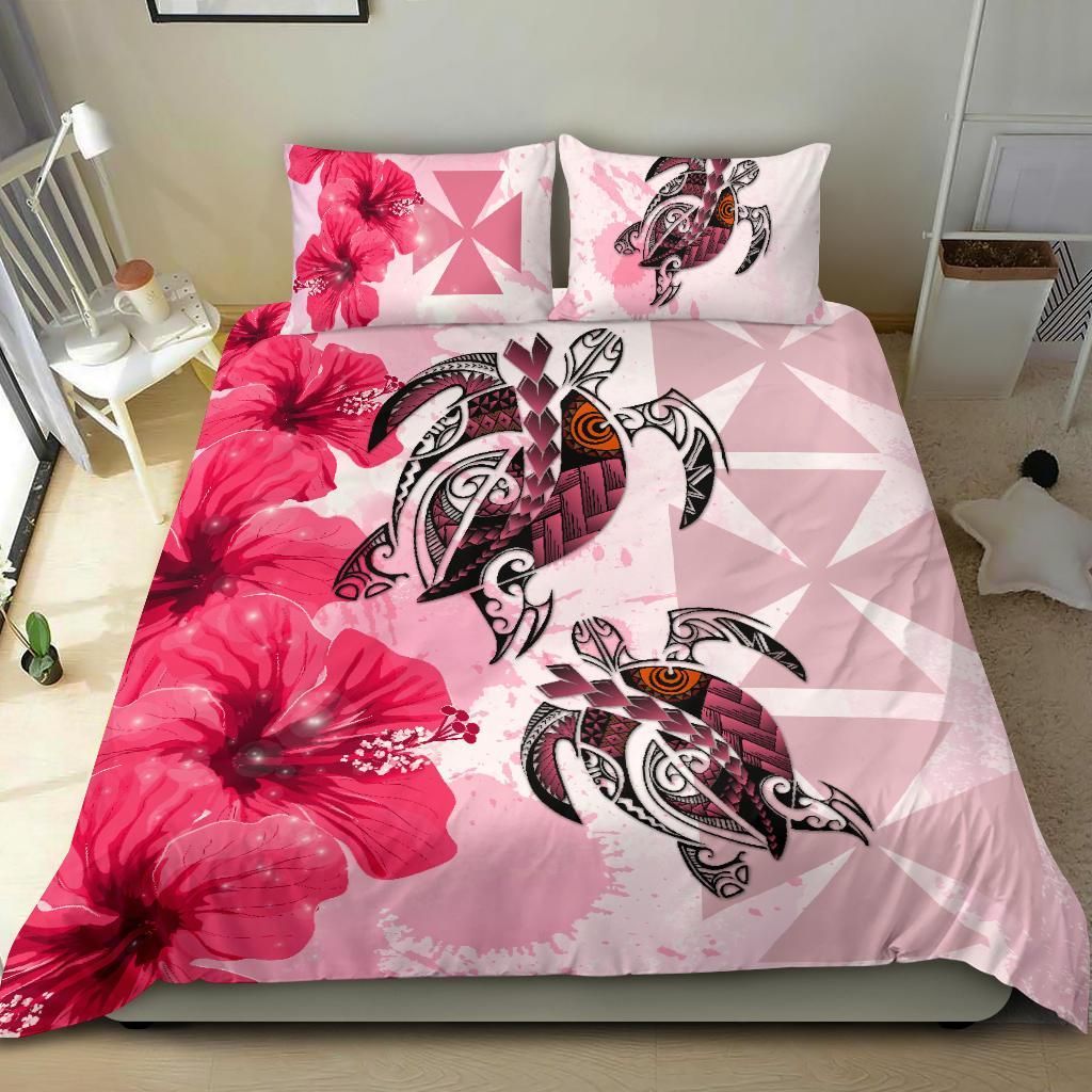 Polynesian Duvet Cover Set - Wallis And Futuna Bedding Set Polynesia Turtle Hibiscus Pink
