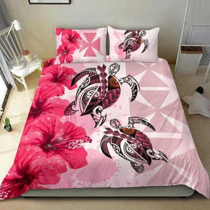 Polynesian Duvet Cover Set - Wallis And Futuna Bedding Set Polynesia Turtle Hibiscus Pink