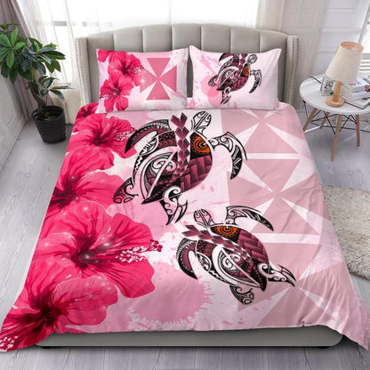Polynesian Duvet Cover Set - Wallis And Futuna Bedding Set Polynesia Turtle Hibiscus Pink
