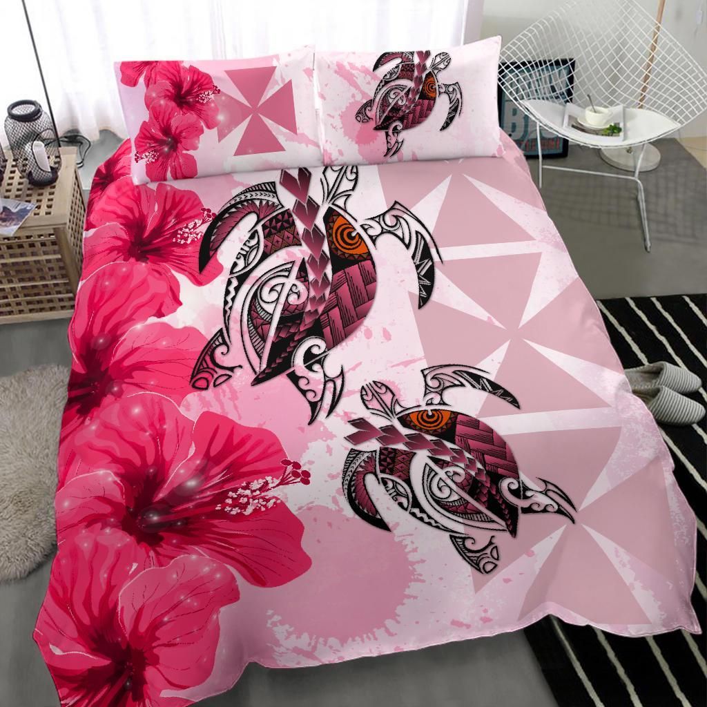 Polynesian Duvet Cover Set - Wallis And Futuna Bedding Set Polynesia Turtle Hibiscus Pink