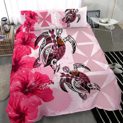 Polynesian Duvet Cover Set - Wallis And Futuna Bedding Set Polynesia Turtle Hibiscus Pink