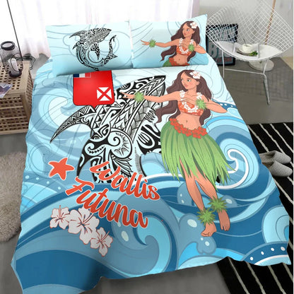 Wallis And Futuna Bedding Set - Polynesian Girls With Shark