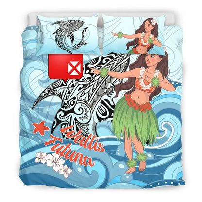 Wallis And Futuna Bedding Set - Polynesian Girls With Shark