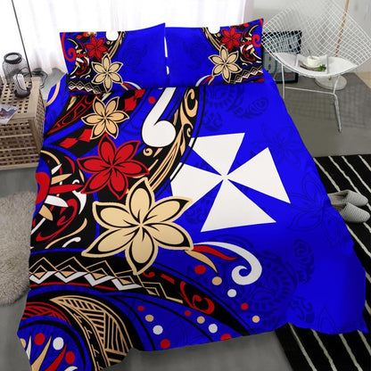 Wallis And Futuna Bedding Set - Tribal Flower With Special Turtles Blue Color