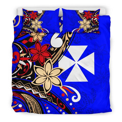Wallis And Futuna Bedding Set - Tribal Flower With Special Turtles Blue Color