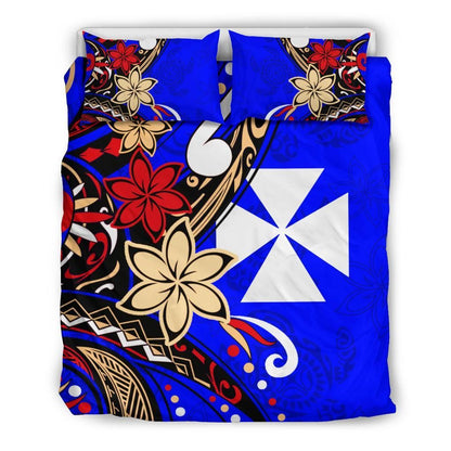 Wallis And Futuna Bedding Set - Tribal Flower With Special Turtles Blue Color