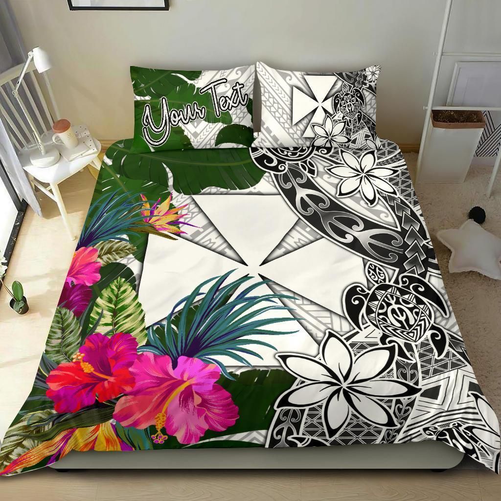 Wallis And Futuna Custom Personalised Bedding Set White - Turle Plumeria Banana Leaf