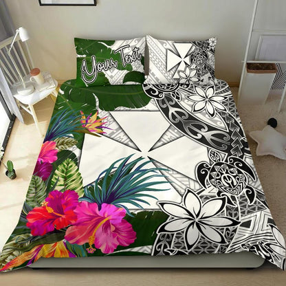 Wallis And Futuna Custom Personalised Bedding Set White - Turle Plumeria Banana Leaf