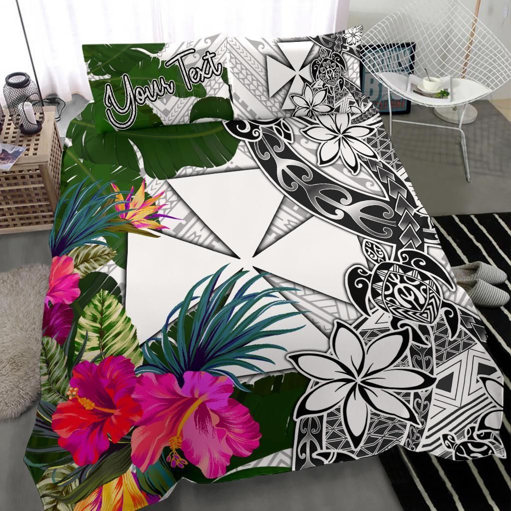 Wallis And Futuna Custom Personalised Bedding Set White - Turle Plumeria Banana Leaf