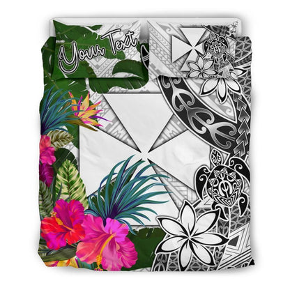 Wallis And Futuna Custom Personalised Bedding Set White - Turle Plumeria Banana Leaf