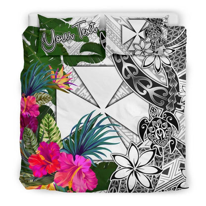 Wallis And Futuna Custom Personalised Bedding Set White - Turle Plumeria Banana Leaf