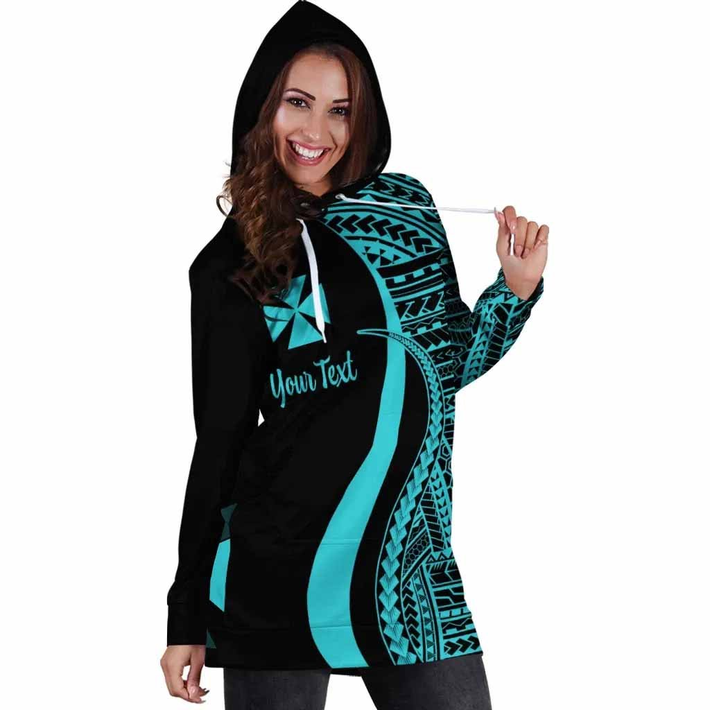 Wallis and Futuna Custom Personalised Hoodie Dress - Turquoise Polynesian Tentacle Pattern