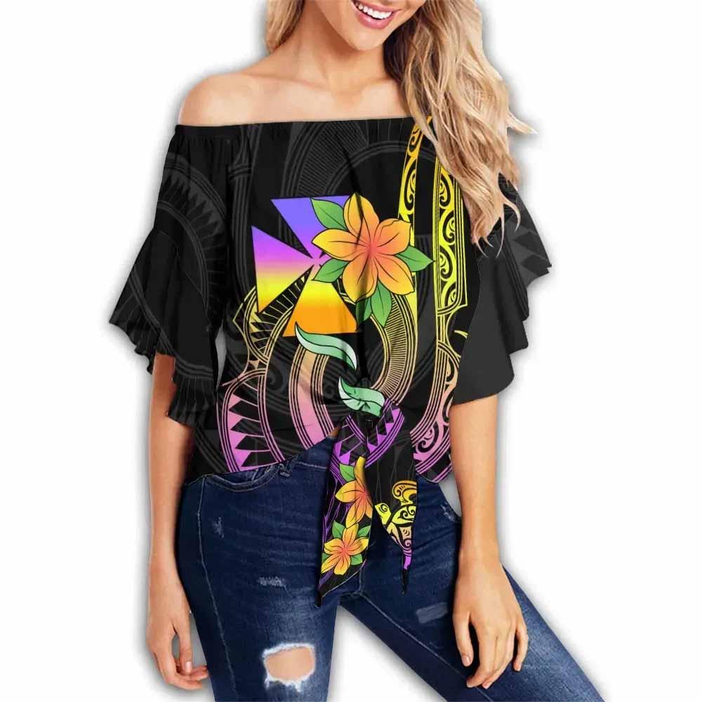 Wallis and Futuna Custom Personalised Off Shoulder Wrap Waist Top - Plumeria Flowers With Spiral Patterns