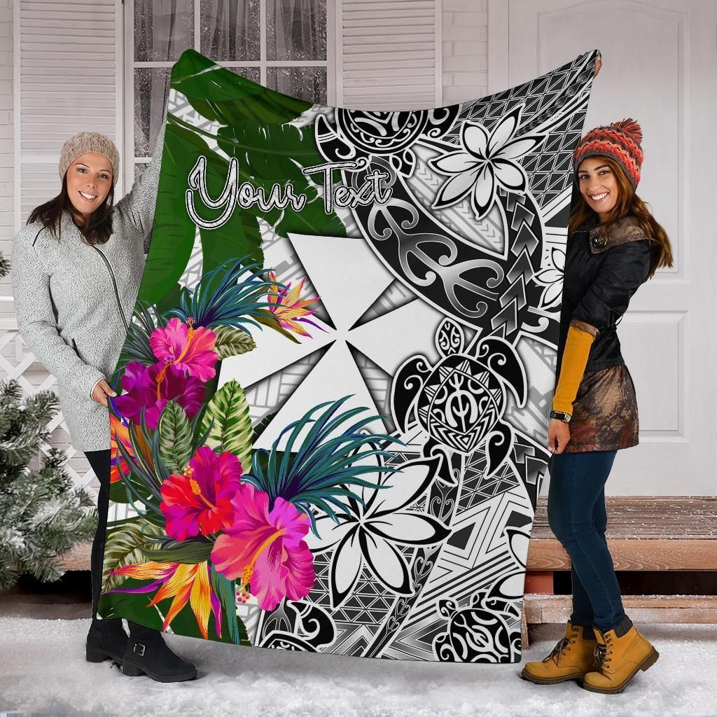 Wallis And Futuna Custom Personalised Premium Blanket White - Turtle Plumeria Banana Leaf