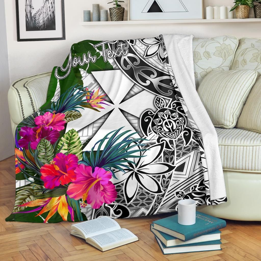 Wallis And Futuna Custom Personalised Premium Blanket White - Turtle Plumeria Banana Leaf
