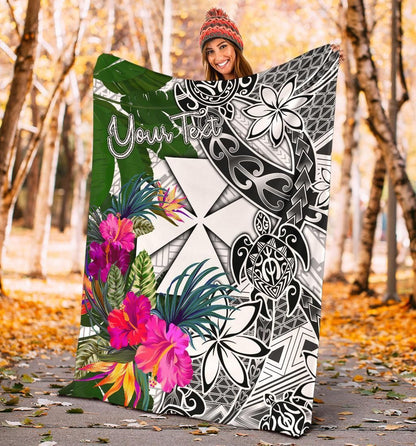 Wallis And Futuna Custom Personalised Premium Blanket White - Turtle Plumeria Banana Leaf