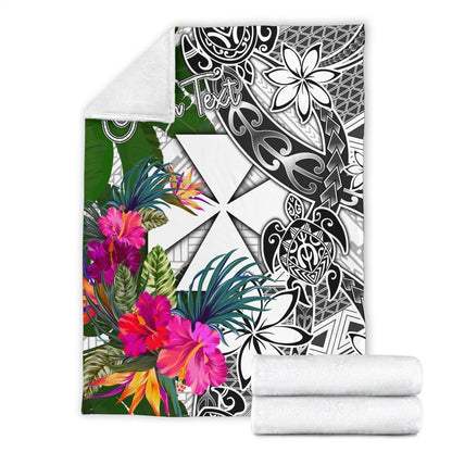 Wallis And Futuna Custom Personalised Premium Blanket White - Turtle Plumeria Banana Leaf