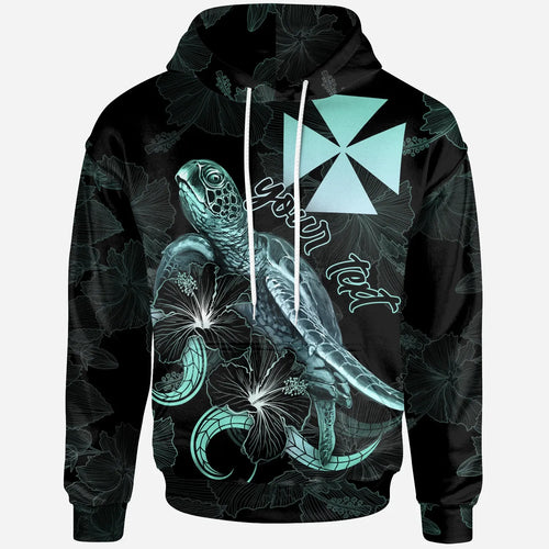 Wallis and Futuna Custom Personalized Polynesian Hoodie - Turtle With Blooming Hibiscus Turquoise