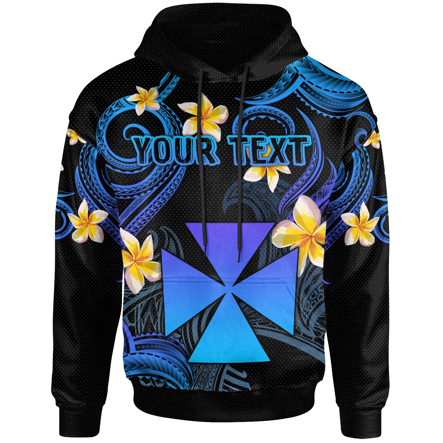 Wallis and Futuna Hoodie - Custom Personalised Polynesian Waves with Plumeria Flowers (Blue)