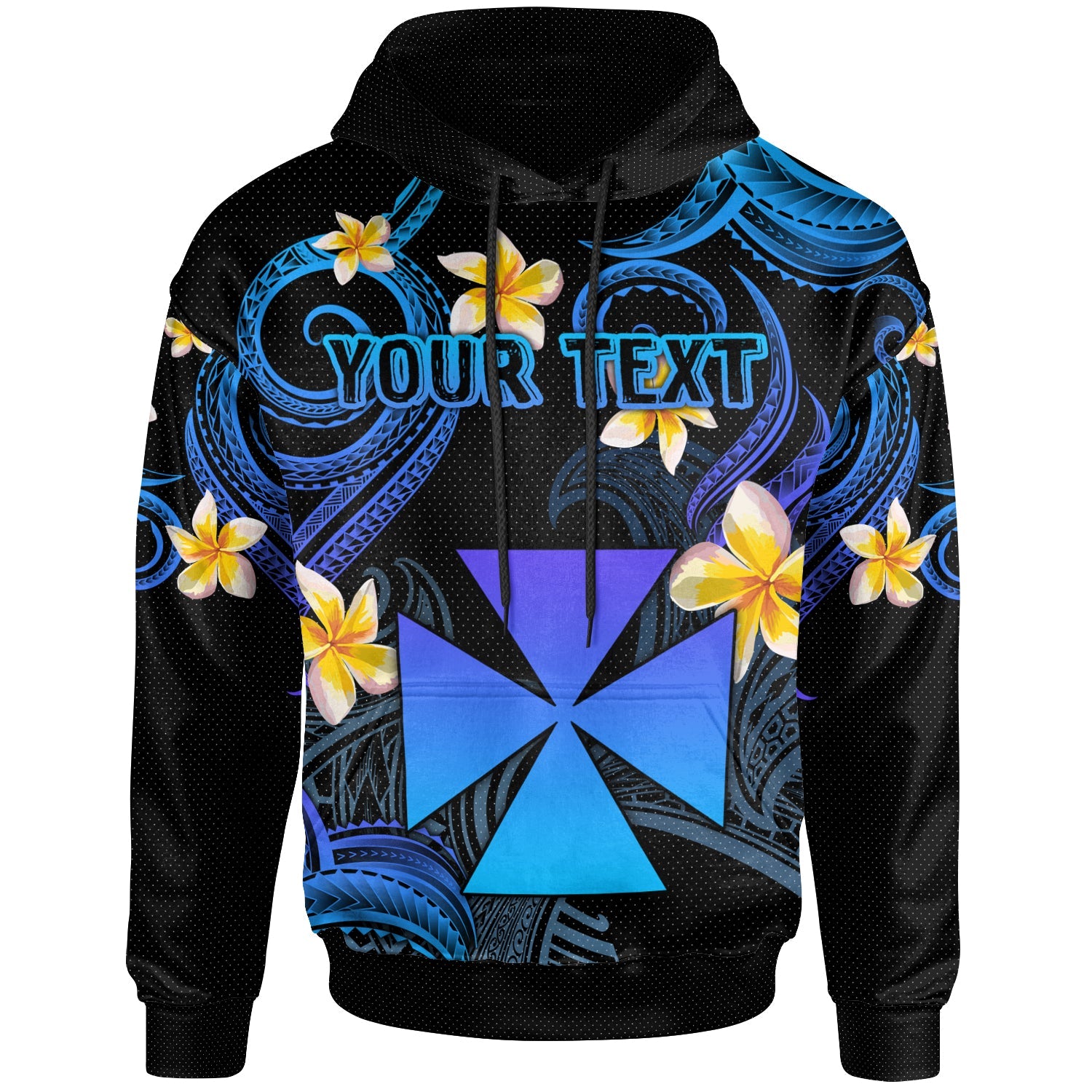 Wallis and Futuna Hoodie - Custom Personalised Polynesian Waves with Plumeria Flowers (Blue)