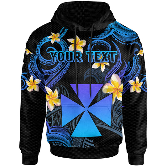 Wallis and Futuna Hoodie - Custom Personalised Polynesian Waves with Plumeria Flowers (Blue)