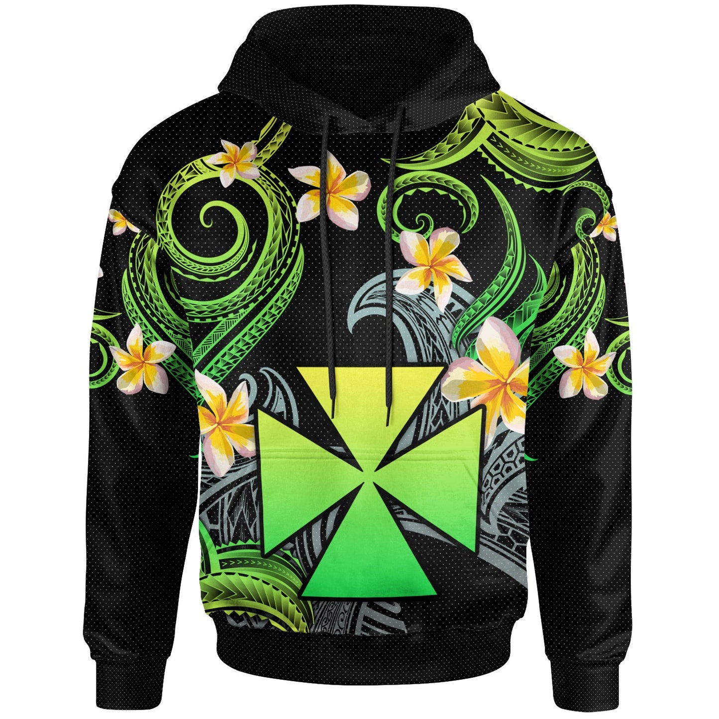 Wallis and Futuna Hoodie - Custom Personalised Polynesian Waves with Plumeria Flowers (Green)