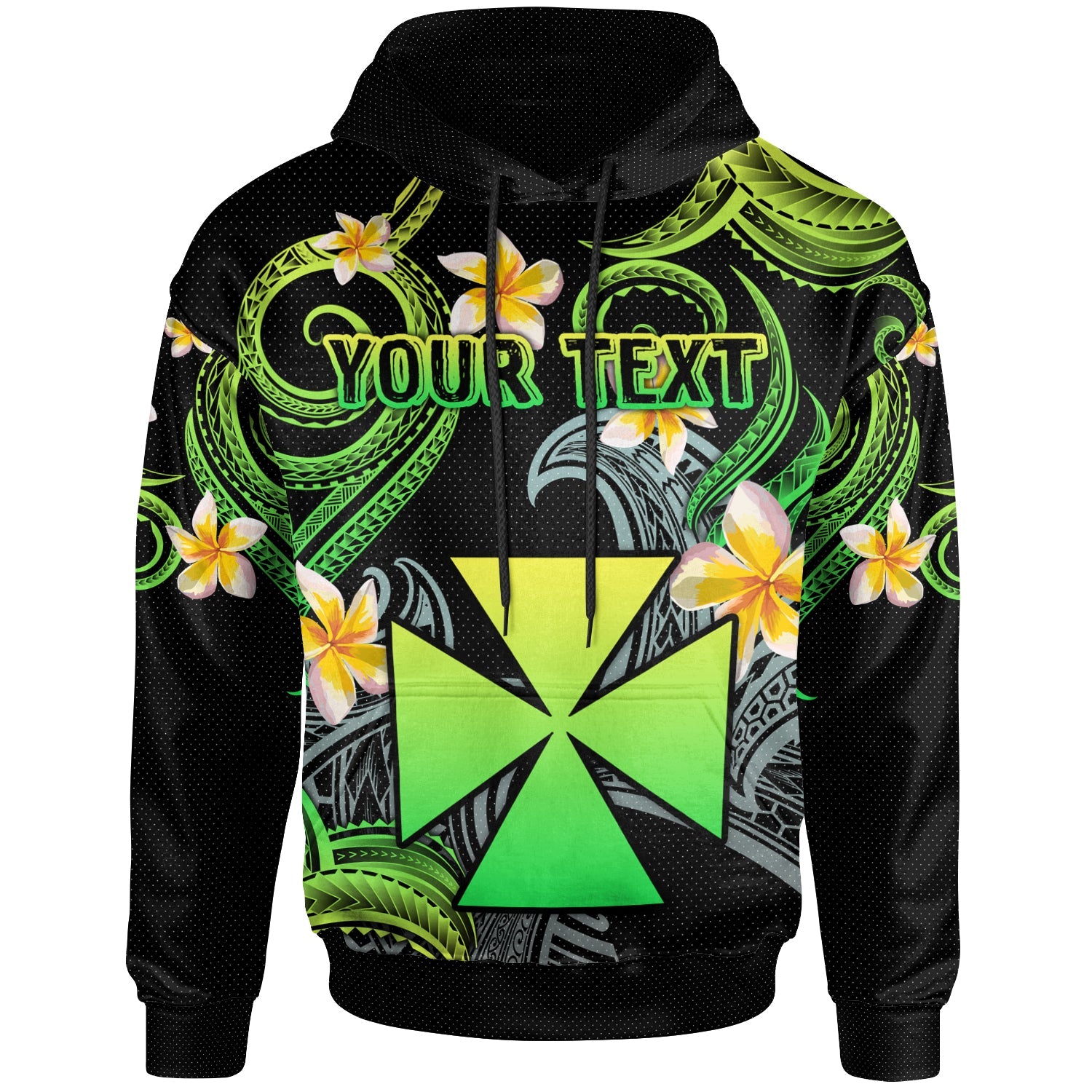 Wallis and Futuna Hoodie - Custom Personalised Polynesian Waves with Plumeria Flowers (Green)