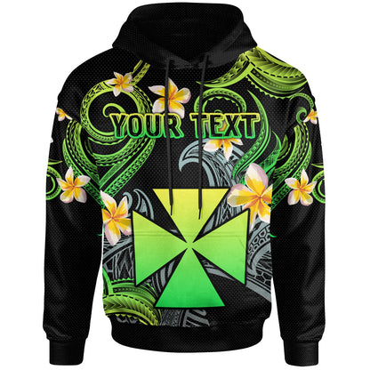 Wallis and Futuna Hoodie - Custom Personalised Polynesian Waves with Plumeria Flowers (Green)