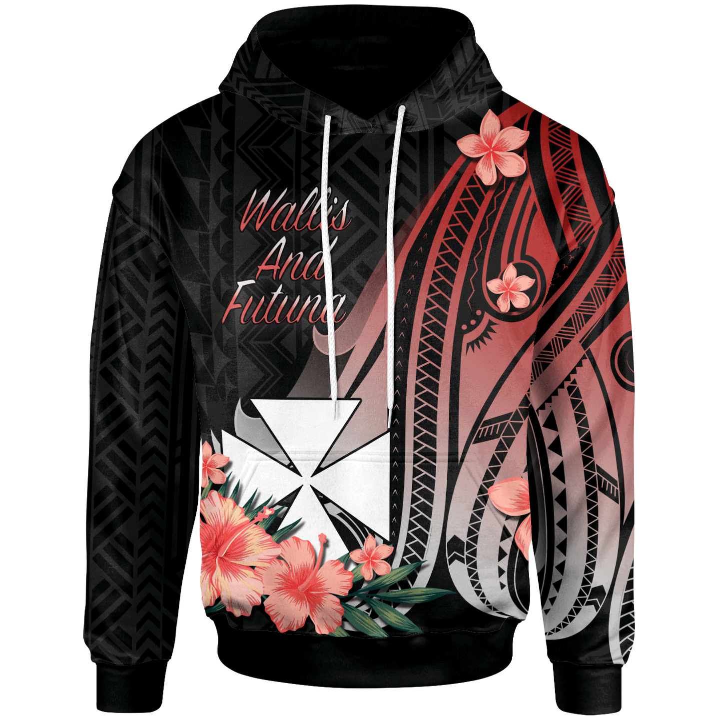 Wallis and Futuna Hoodie - Red Polynesian Hibiscus Pattern Style