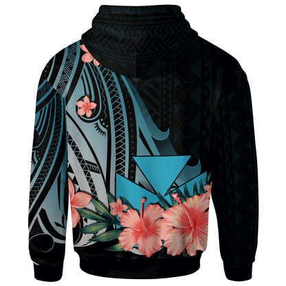 Wallis and Futuna Hoodie - Turquoise Polynesian Hibiscus Pattern Style
